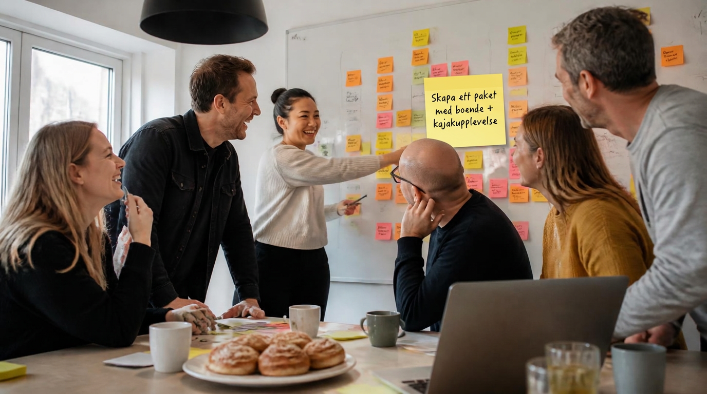 Team vid en tavla med post-it-lappar och det handskrivna exempelförslaget: Skapa ett paket med boende + kajakupplevelse
